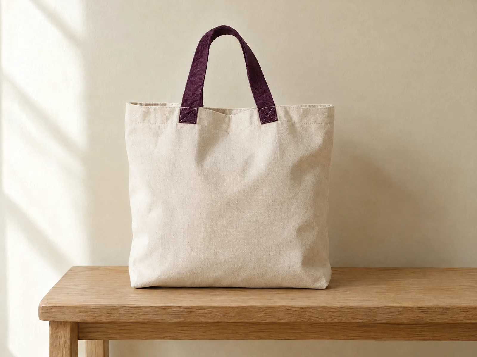 Sac cabas en toile écrue, anses en sangle aubergine, posé sur un banc en chêne
