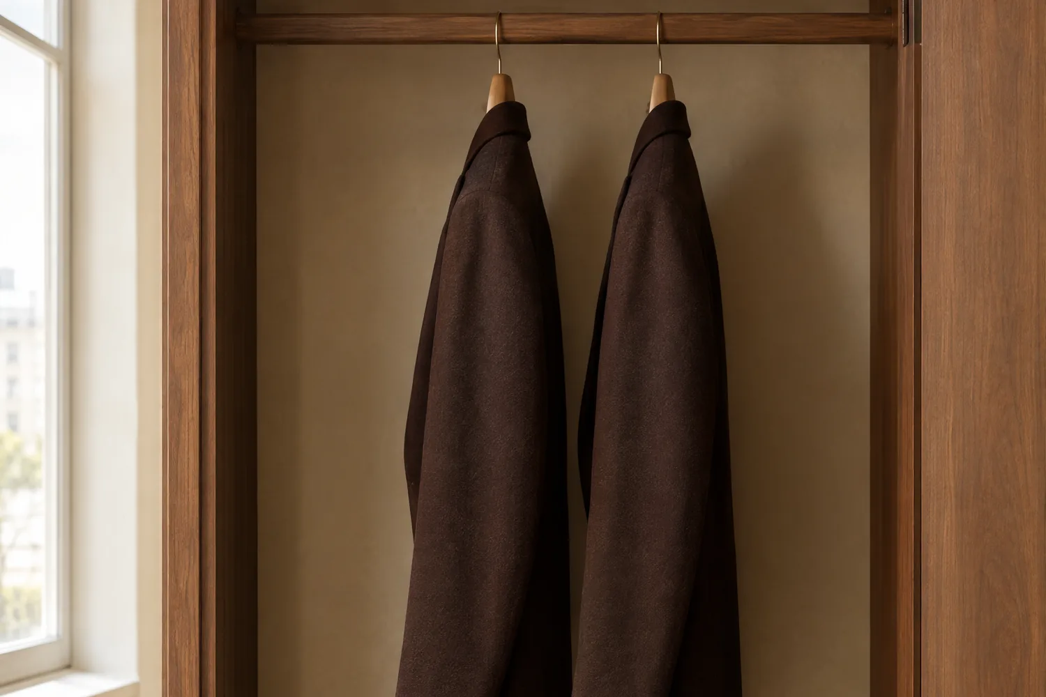 Deux vestes en laine brune suspendues dans un vestiaire en bois, près d'une fenêtre