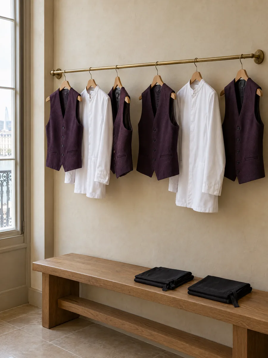 Gilets de service en laine aubergine et vestes blanches à col officier sur une tringle en laiton, au-dessus d'un banc en chêne où sont posés deux tabliers noirs pliés